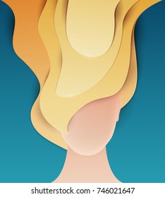 Head of girl with long white hair in paper cut trendy craft style. Modern fashion minimalistic vector background.