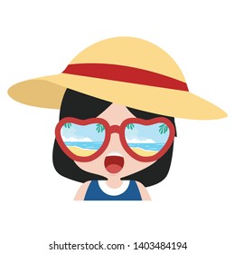 head girl Reflection of  beach in sunglasses