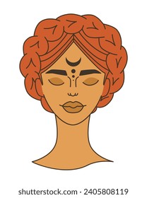 La cabeza de una chica sin cuerpo con una trenza alrededor de su cabeza, con marcas en su cara. Ilustración vectorial plana, vintage