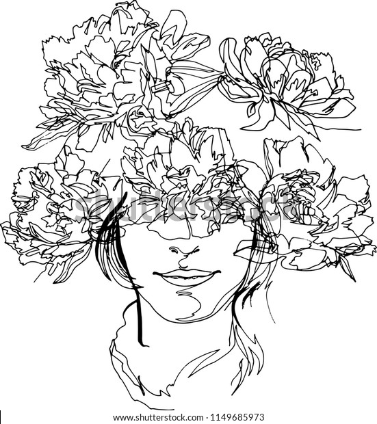 Head Girl Wreath Flowers Fashionillustration Peony Stock