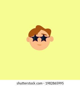 Head with glasses, a guy without a torso in bright sunglasses. Vector flat illustration 