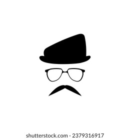 Head in glasses hat with mustache template. Funny gentleman character with vintage style for masquerade and designer vector avatar