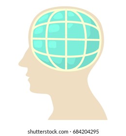 Head with globe icon, cartoon style