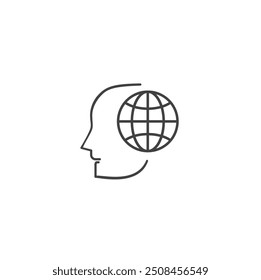 Cabeza y globo icono de línea aislado en el fondo humano pensar en el mundo esbozo icono cerebro como globo icono de logotipo. Símbolo de señal de cabeza sobre fondo blanco