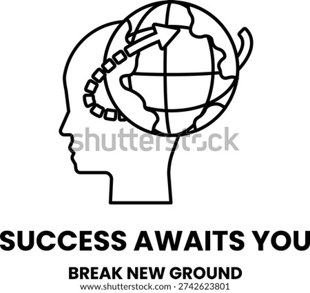 A head with a globe on it with the words success awaits you underneath. The globe is surrounded by arrows pointing to the top and bottom of the globe