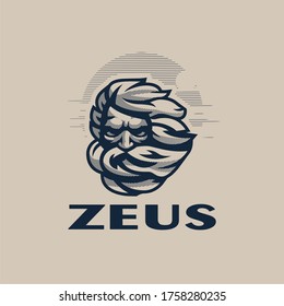 The head of a gloomy old man with long hair and a beard. Against the sky. Zeus head. Vector illustration.