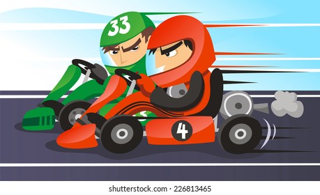 Head To Head Go Kart Racers Cartoon Illustration