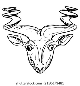 Head of a goat or antelope with twisted horns. Animal face mask. Ancient Sumerian sculpture. Hand drawn linear doodle rough sketch. Black silhouette on white background.