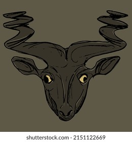 Head of a goat or antelope with twisted horns. Animal face mask. Ancient Sumerian sculpture. Hand drawn colorful rough sketch. Black silhouette on brown background.