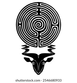 Head of a goat or antelope with twisted horns holding a round spiral maze or labyrinth symbol. Ancient Sumerian animal design. Black and white silhouette.