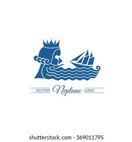 The head of the God Neptune opposite the floating vessel. Vector logo template on white background.