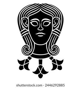 Head of goddess Astarte or Hathor with necklace of flowers. Ethnic mask. Antique female face. Black and white silhouette.