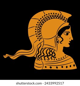 Head of goddess Athena or Minerva wearing helmet in profile. Ethnic Ancient Greek vase painting style. Orange and black silhouette.