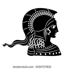 Head of goddess Athena or Minerva wearing helmet in profile. Ethnic Ancient Greek vase painting style. Black and white silhouette.