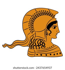 Head of goddess Athena or Minerva wearing helmet in profile. Ethnic Ancient Greek vase painting style. Isolated orange and black silhouette on white background.