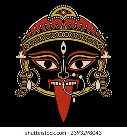 Jefe de la diosa Kali. Máscara hindú. Diseño étnico. La deidad de la destrucción de la hembra india. Sobre fondo negro.