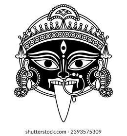 Head of goddess Kali. Hindu mask. Ethnic design. Indian female deity of destruction. Black and white silhouette.