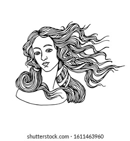 the head of goddess of love, from a painting by Botticelli, the birth of Venus, for a logo,  vector illustration with black contour lines isolated on white background in Doodle and hand drawn style