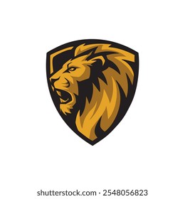 The head of a golden lion on a shield. vector illustration on white background