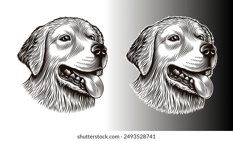 Kopf eines Golden Retrievers, eines Labradors. Hundekopf Portrait für Aufkleber, Emblem, Etikett, Druckdesign. Klassische Retro-Linien-Art-Tintenstil. Reine Vektorillustration, ohne Spuren, von Menschen handgezeichnet.