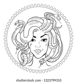 Head of Gorgon Medusa - monster with a female face and snakes instead of hair. Snake tattoo. Vector graphics to design . Greek mythology.