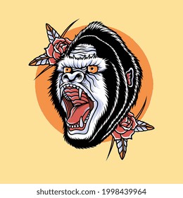 head gorilla with red rose artwork design