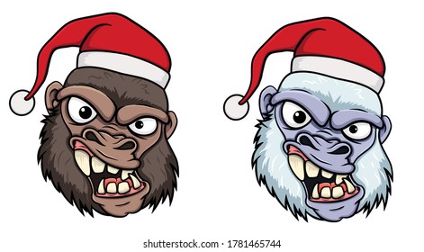 head of gorilla or yeti wearing a christmas hat. isolated on a white background. stock illustration