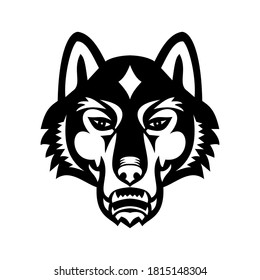 Head of Gray Wolf or Timber Wolf Front View Sports Mascot Black and White