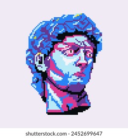 La cabeza de la estatua griega de David en estilo pixel art, aislado sobre un fondo blanco. Paleta psicodélica: púrpura, rosa, azul. Un elemento para el diseño en el estilo retro de los años 90.Vector.