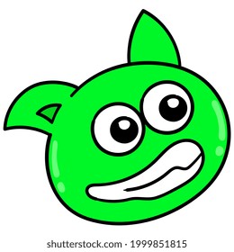 Der Kopf der grünen Katze macht ein gereiztes Gesicht, Vektorgrafik Karton Emoticon. Symbolzeichnung