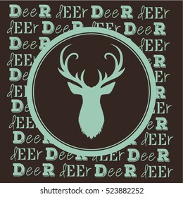 Head of green deer framed in black circle on text pattern background