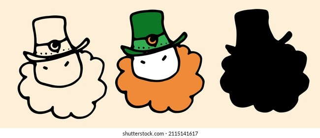 The Head Of In A Green Hat And A Red Beard. Doodle-style Leprechaun Icon, Isolated Black Outline And Silhouette On White For St. Patrick's Day Template
