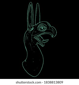 Head of griffin. Fantastic animal. Ancient Greek or Scythian art. Hand drawn linear doodle ink sketch. Green silhouette on black background.