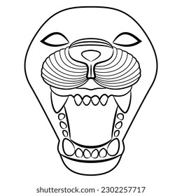 Head of a grinning lion with open mouth. Feline mask. Ancient Assyrian animal design. Black and white linear silhouette.