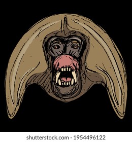 Head of a grinning male gelada baboon monkey face. Animal mask. Primate portrait. Hand drawn colorful rough sketch. On black background.