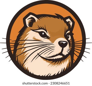 The head of a groundhog, capybara, is on a background, in the style of logo, golden age illustrations, light white and dark orange, rounded