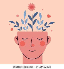 Head with growing flowers. Mental health. Harmony and happiness. Healthy mentality and self care