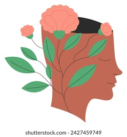 Head with growing flowers. Mental health, well being concept. Positive mindfulness. Concept of calm mind, relaxed and peaceful. Vector flat illustration for web or app