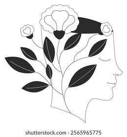 Head with growing flowers. Mental health, well being concept. Positive mindfulness. Concept of calm mind, relaxed and peaceful. Vector flat illustration for web or app in outline style