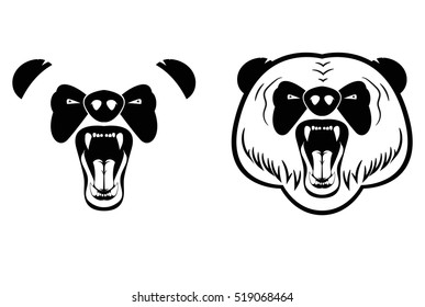 Head of growling panda. Tattoo in two versions - a simple and detailed. Layered vector illustration