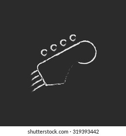 Head of the guitar hand drawn in chalk on a blackboard vector white icon isolated on a black background.