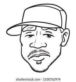 Head of a guy with a cool facial expression and hip hop cap. baseball cap, boredom, oldschool, blue, beard, cap, monochrome, outline.