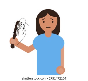 Head hackles problems. Flat simple sad girl holding a hairbrush in hand with hair loss.Early baldness. Vector cartoon illustration on white background. Woman doleful sign because of alopecia, dandruff