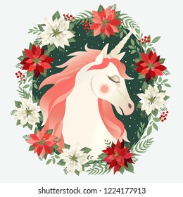 Head of hand drawn unicorn with floral wreath on white background.