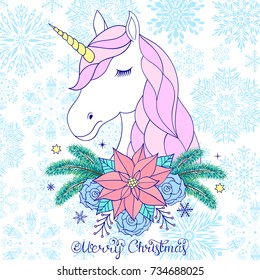 Head of hand drawn unicorn with floral wreath on white background.Christmas card.Vector illustration.