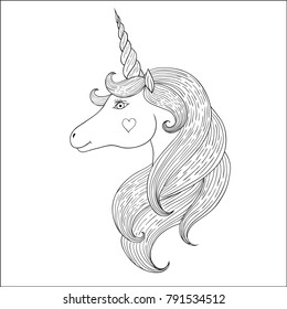 Head of hand drawn unicorn  isolated on white background. Coloring page for children and adult.