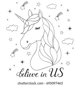 Head of hand drawn unicorn on white background. Coloring page for children and adult.Vector illustration.