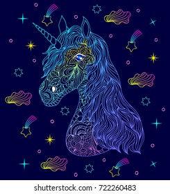 Head of hand drawn unicorn on white background. Positive card. Vector illustration.