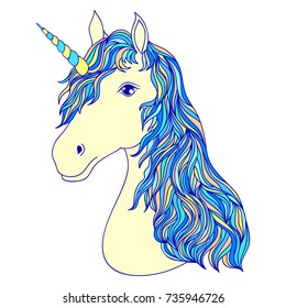 Head of hand drawn unicorn on white background.Vector illustration.