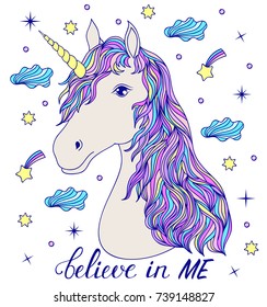 Head of hand drawn unicorn on white background. Vector illustration. 